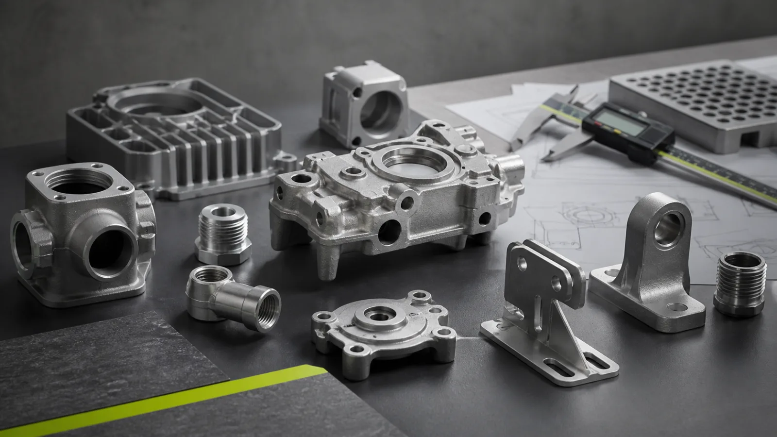Redaksjonell illustrasjon av støpte og maskinerte komponenter i aluminium og sink